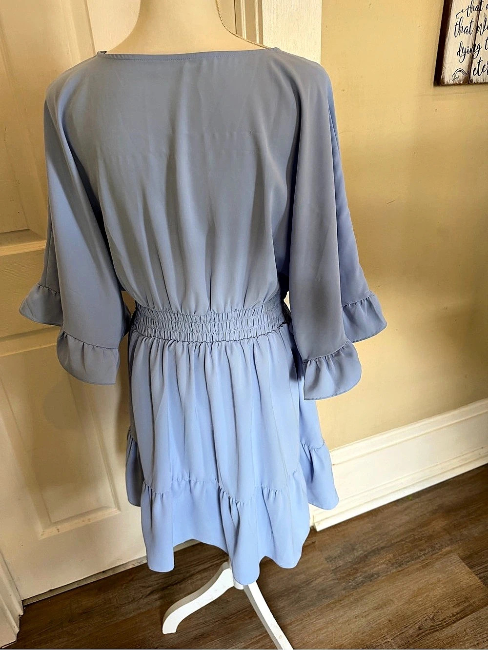Blue Mini Dress with Ruffle Sleeves - Picture 8 of 8